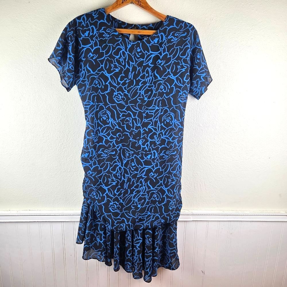 Women's Alison Peters Vintage 1980's Floral Blue and Black Dress Size 08/Med